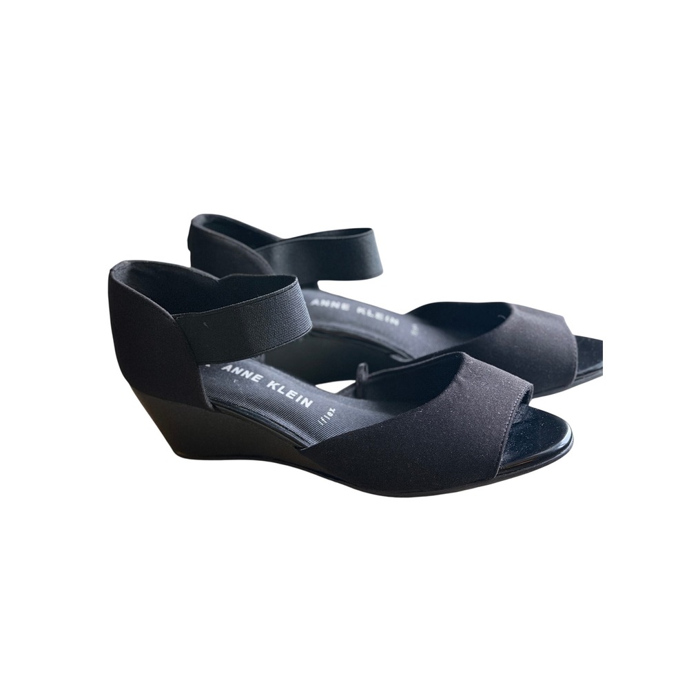 Anne Klein iFlex Black Wedge Sandals Peep Toe Elastic Strap Tatid3f9 Womens‎ 7M